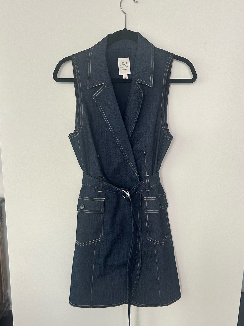 cinq a sept Dark Blue Sleeveless Denim Wrap Dress with Belt